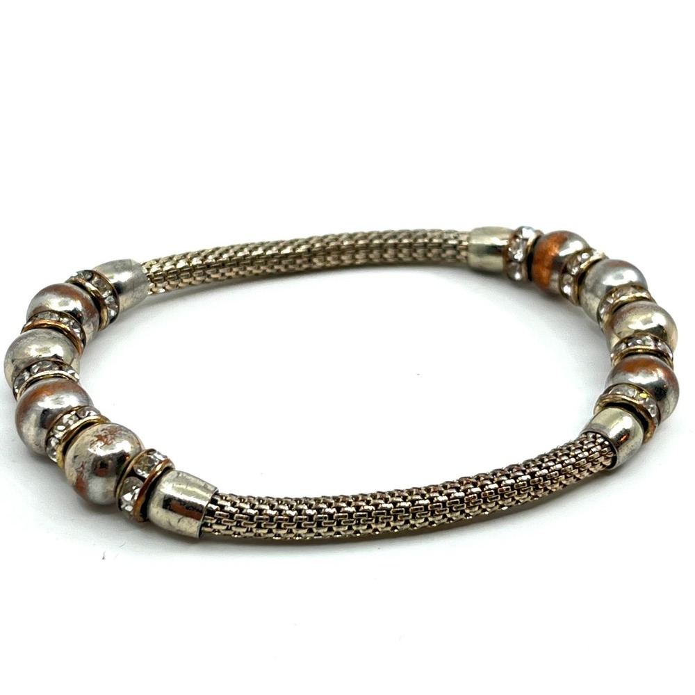 Vintage Silver Tone Mesh Stretch Bracelet Rhinestone Rondelle Bead Stackable
